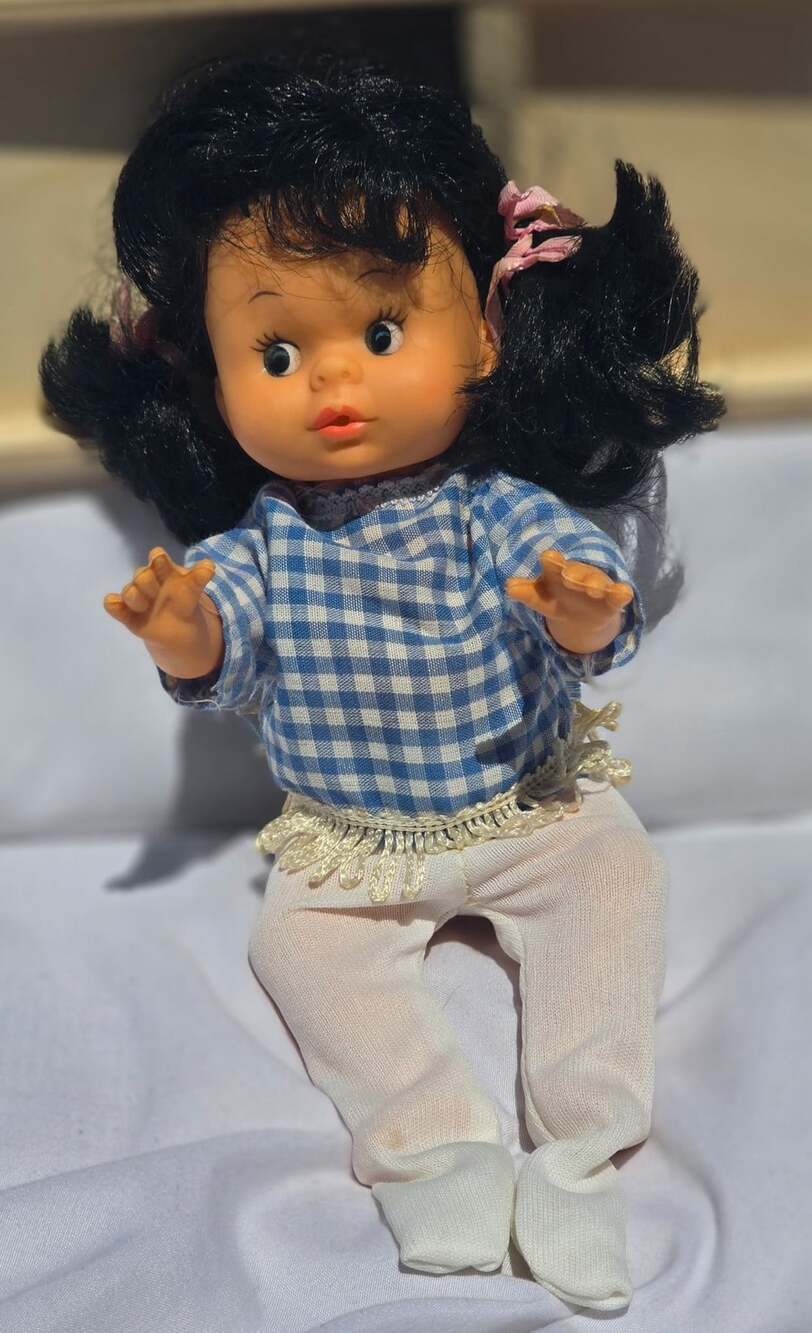 Vintage Vinyl Baby Doll With Black Hair Blue Gingham Shirt And White Tights